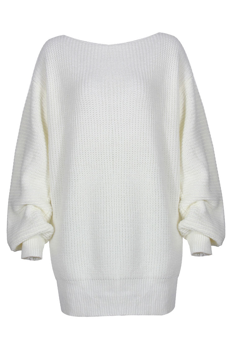 White Boat Neck Ribbed Knit Long Sleeve Sweater Mini Dress