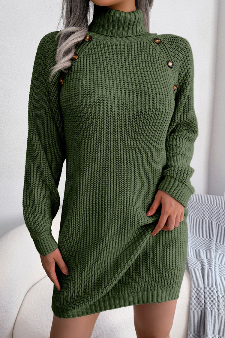 Army Green Turtleneck Button Trim Ribbed Knit Long Sleeve Sweater Mini Dress