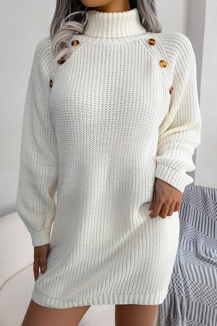White Turtleneck Button Trim Ribbed Knit Long Sleeve Sweater Mini Dress