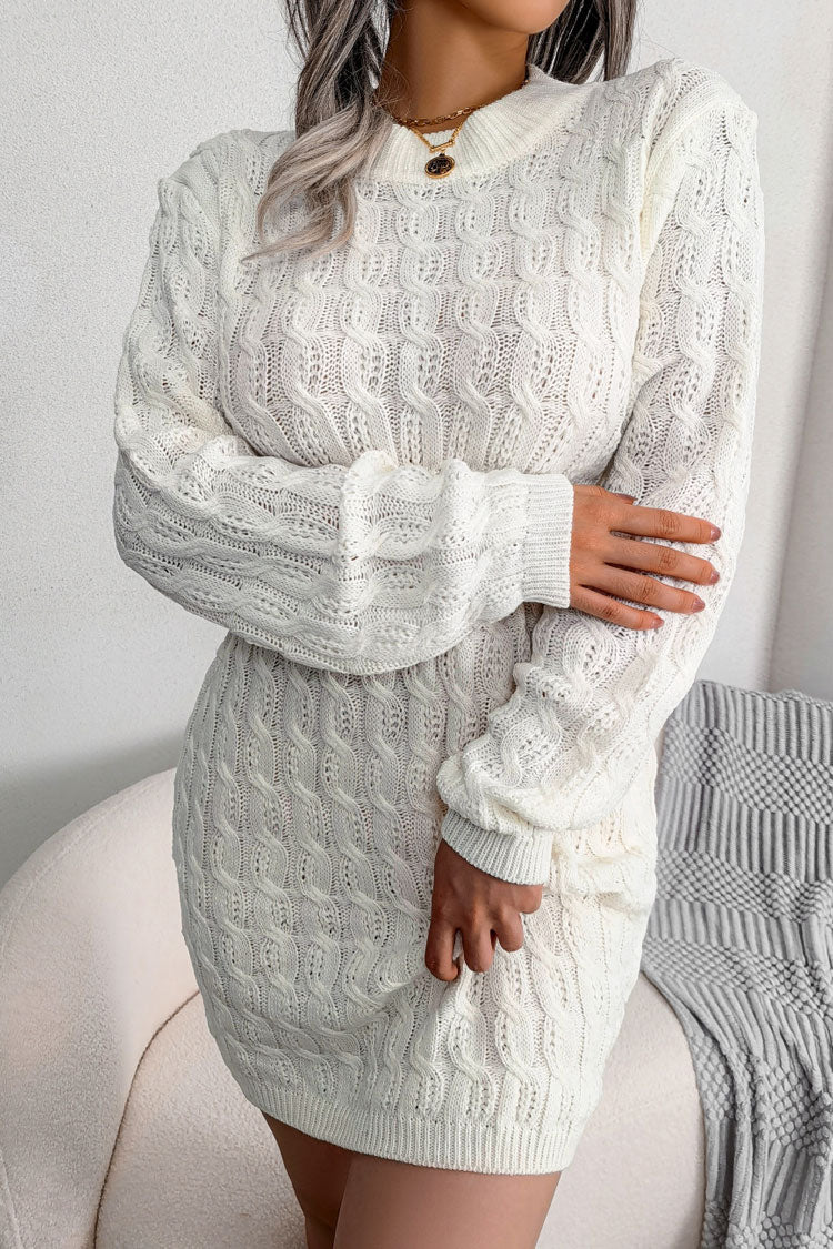 White Crew Neck Long Sleeve Cable Knit Sweater Bodycon Mini Dress