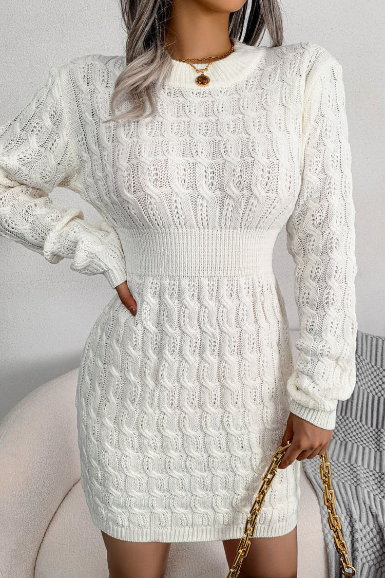 White Crew Neck Long Sleeve Cable Knit Sweater Bodycon Mini Dress