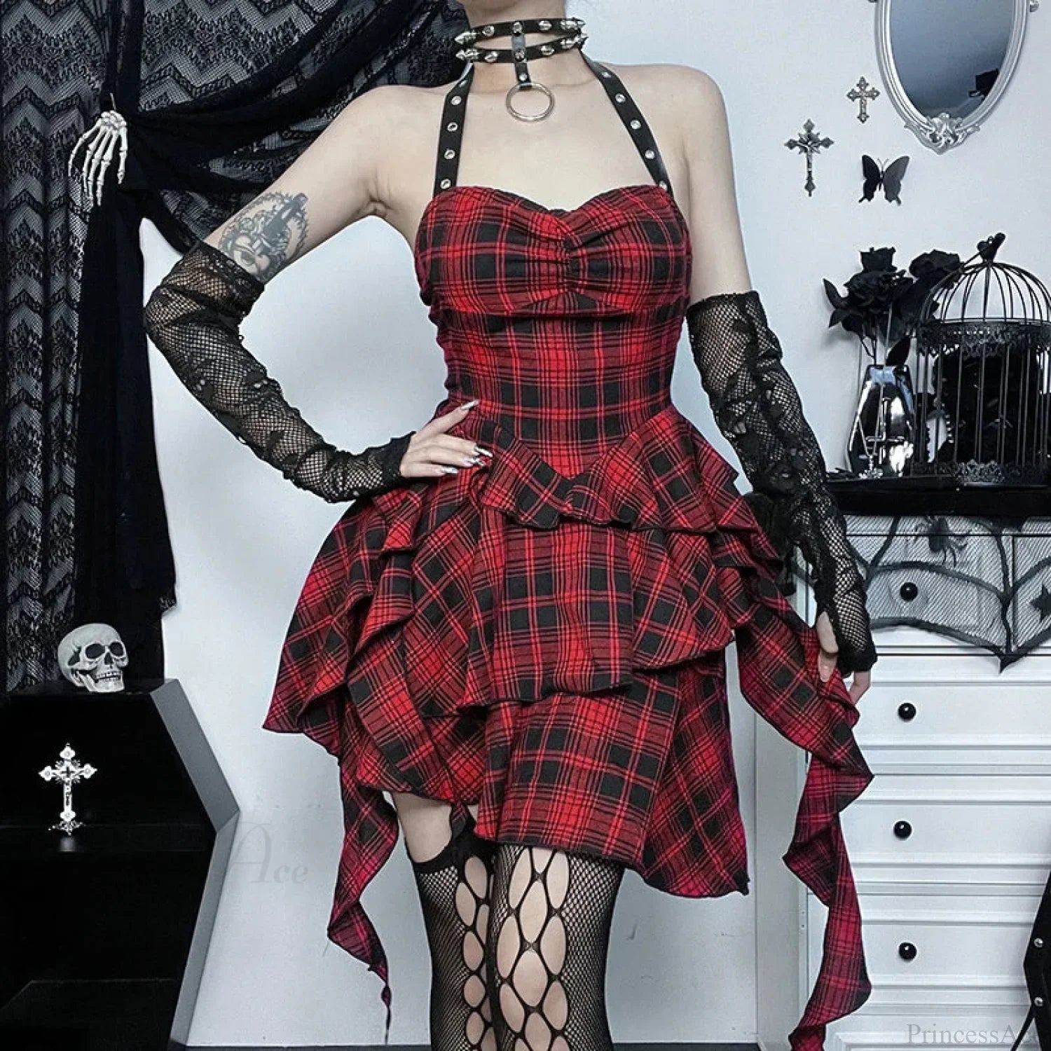 Crimson Tartan Halter Short Dress