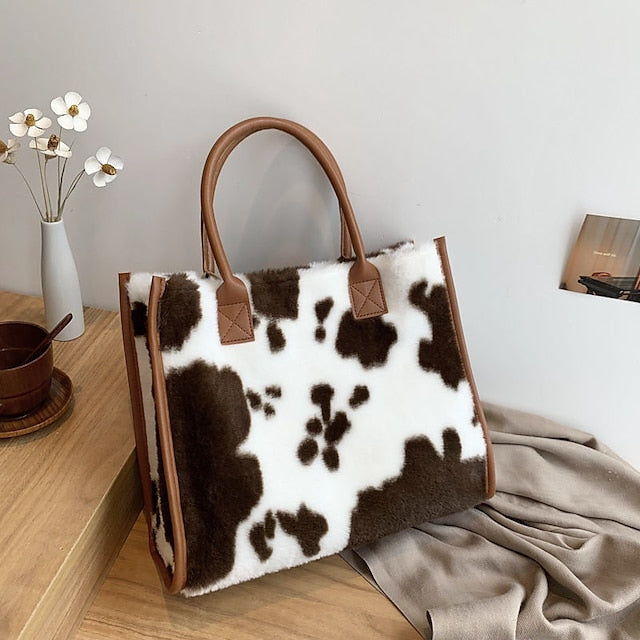 Leopard Faux Fur Leather Trim Tote Bag