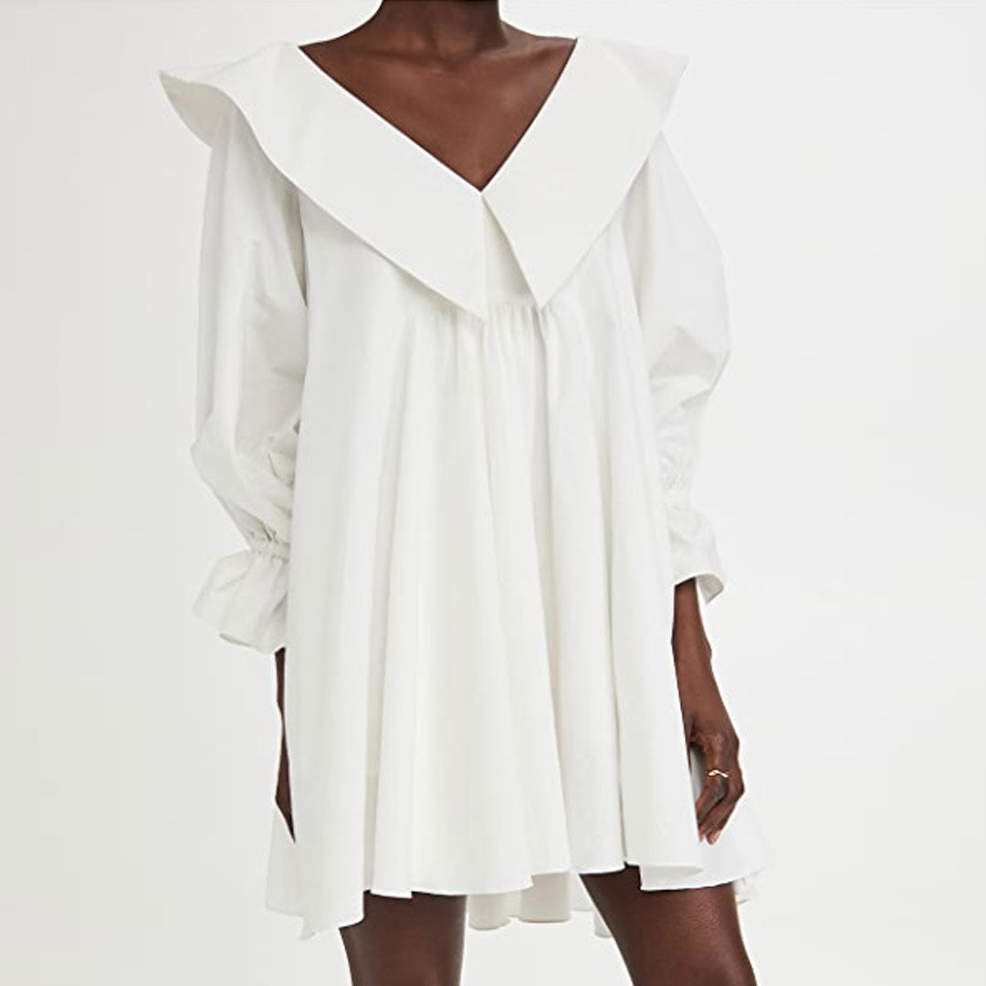 White Oversized Collar V-Neck Balloon Sleeve Babydoll Swing Mini Dress