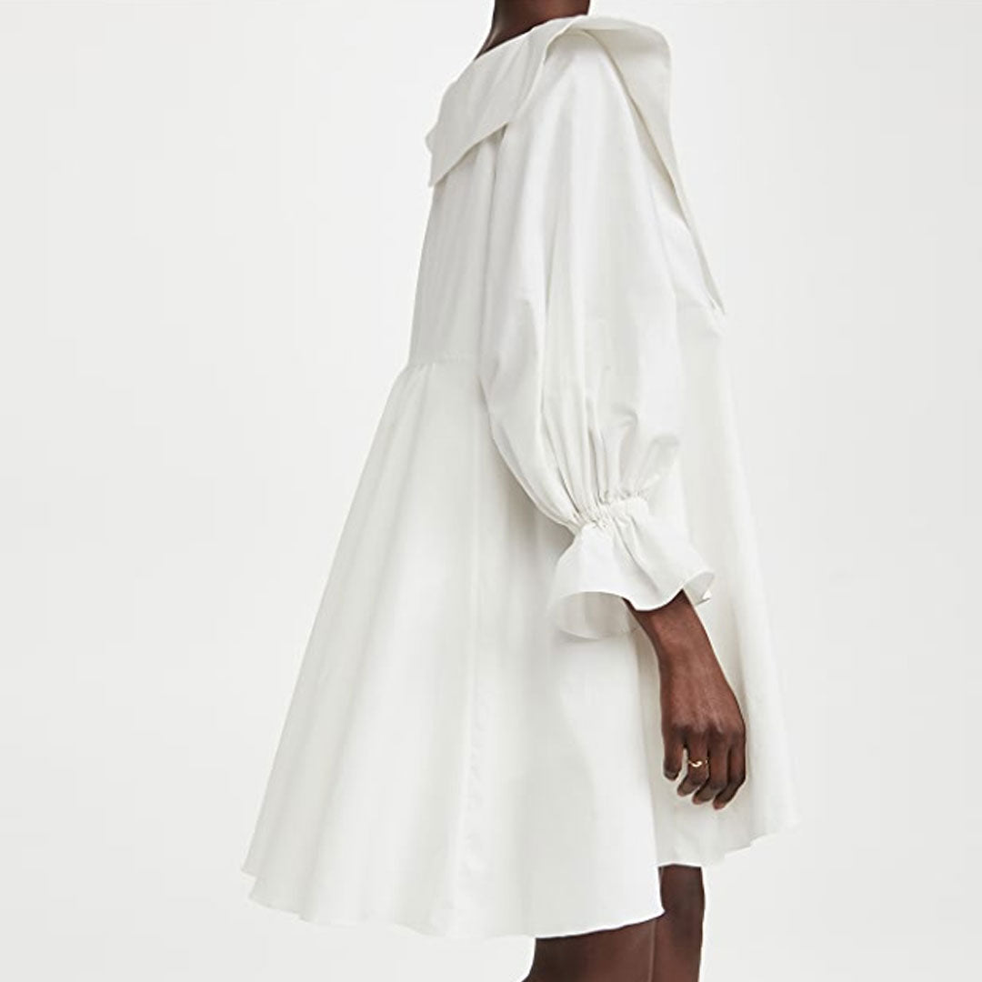 White Oversized Collar V-Neck Balloon Sleeve Babydoll Swing Mini Dress