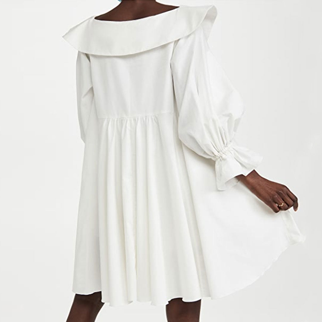 White Oversized Collar V-Neck Balloon Sleeve Babydoll Swing Mini Dress