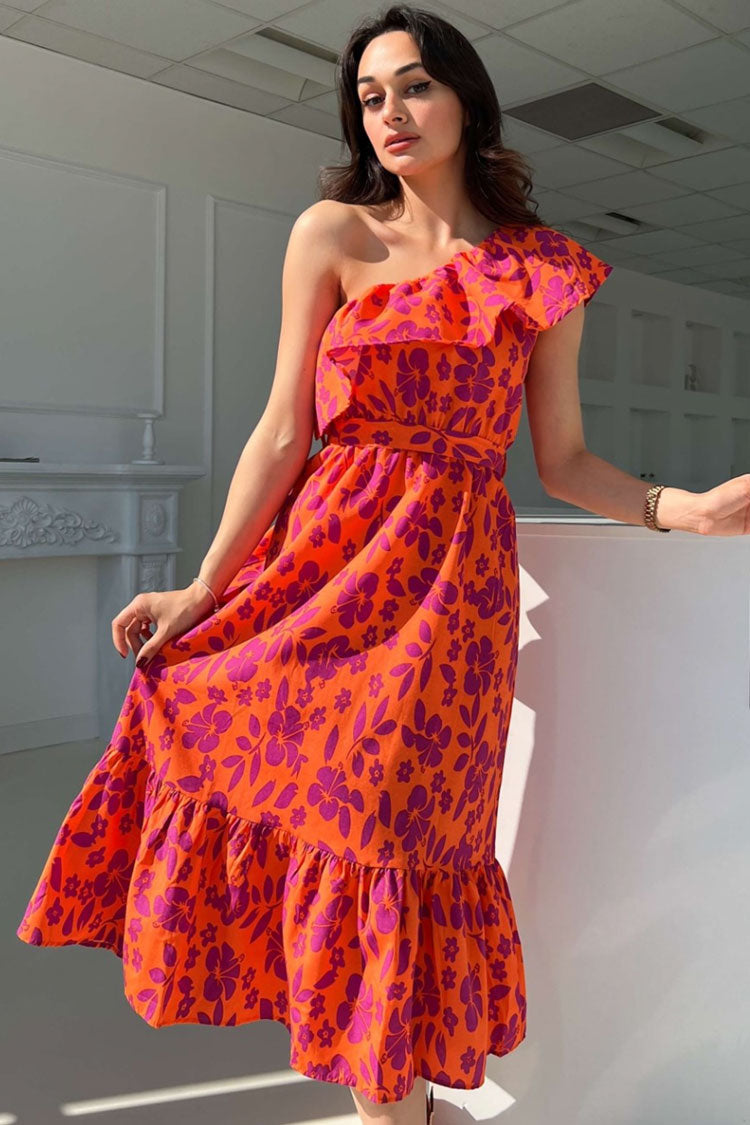 Red One Shoulder Floral Ruffle Tie Waist Tiered A-Line Midi Dress