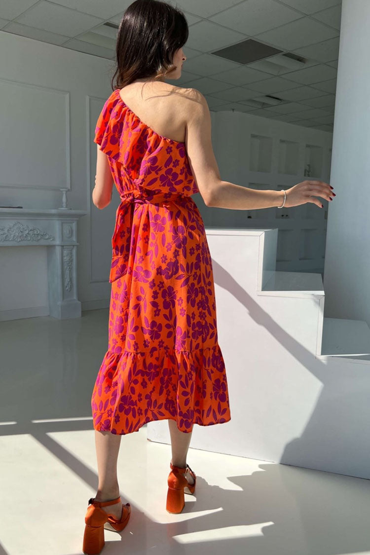 Red One Shoulder Floral Ruffle Tie Waist Tiered A-Line Midi Dress