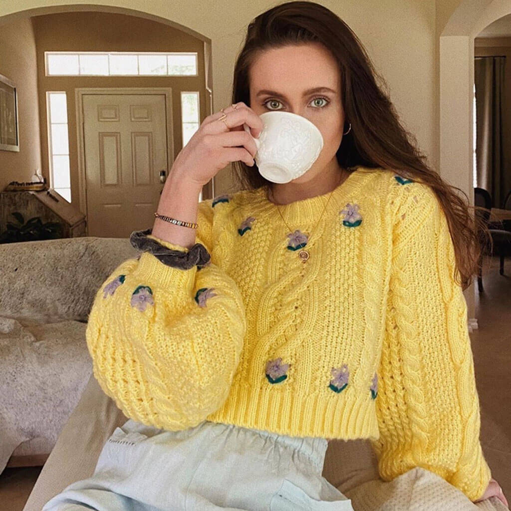 Yellow Crew Neck Floral Embroidered Cable Knit Bishop Sleeve Crop Sweater