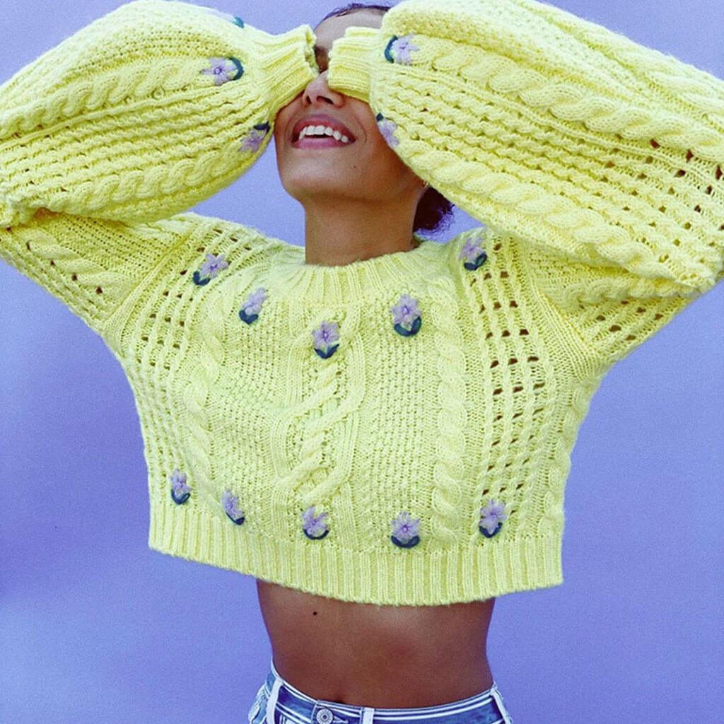 Yellow Crew Neck Floral Embroidered Cable Knit Bishop Sleeve Crop Sweater