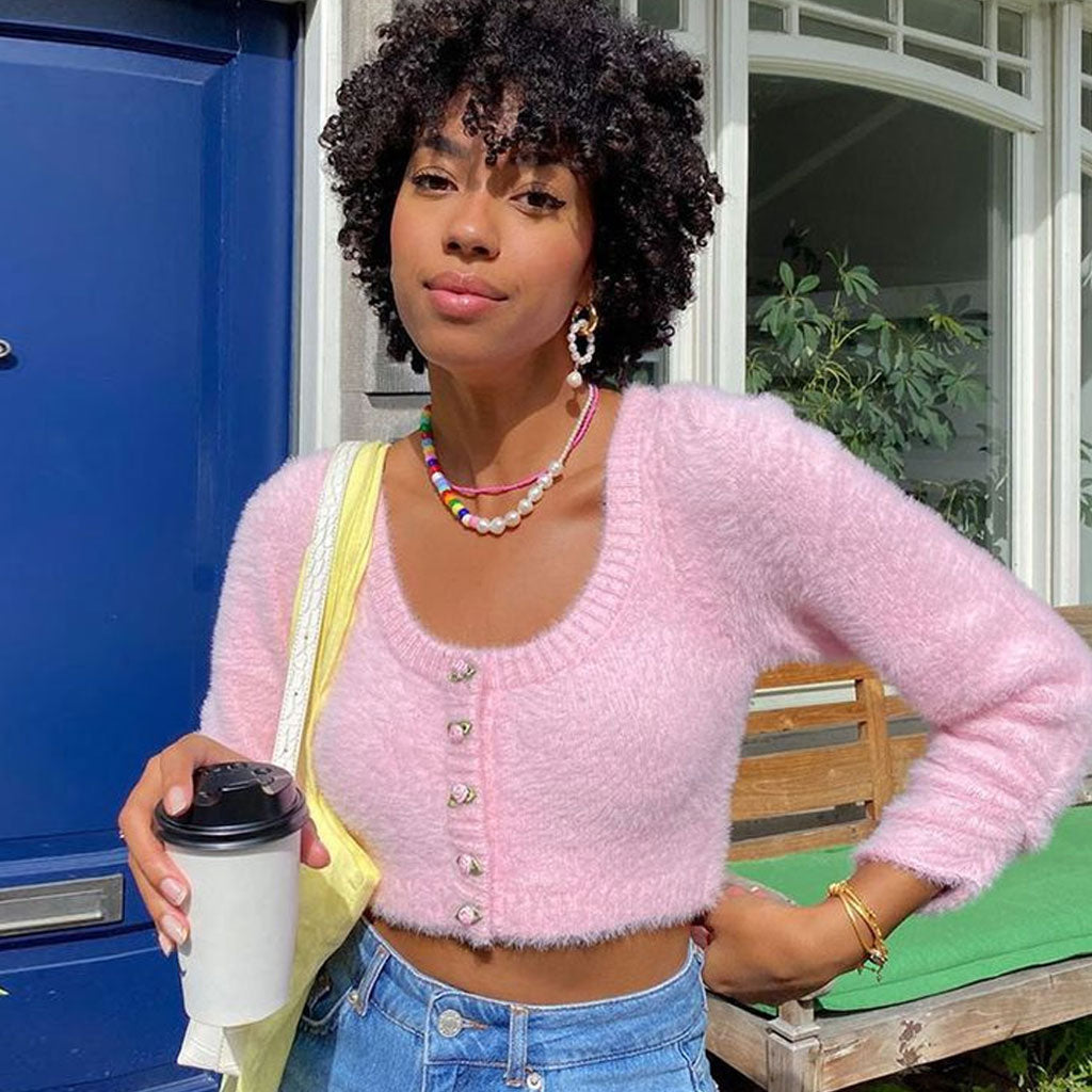 Pink Scoop Neck Fuzzy Knit Button Front Long Sleeve Crop Cardigan