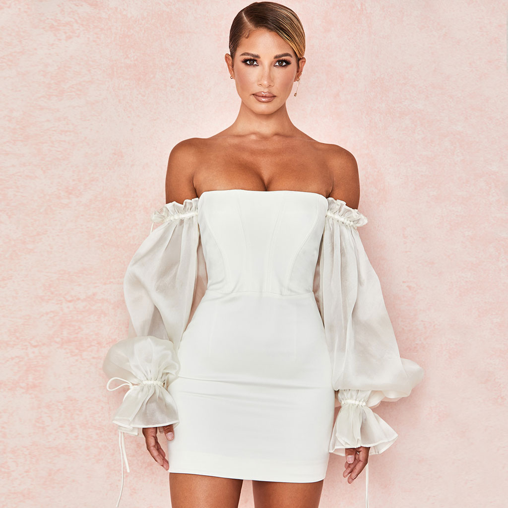 White Off-Shoulder Organza Puff Sleeve Corset Bodycon Mini Dress