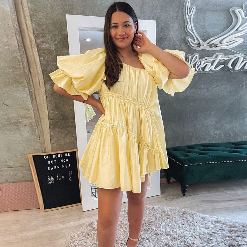 Yellow Puff Sleeve Drawstring Waist Ruffle Hem Babydoll Mini Dress 2