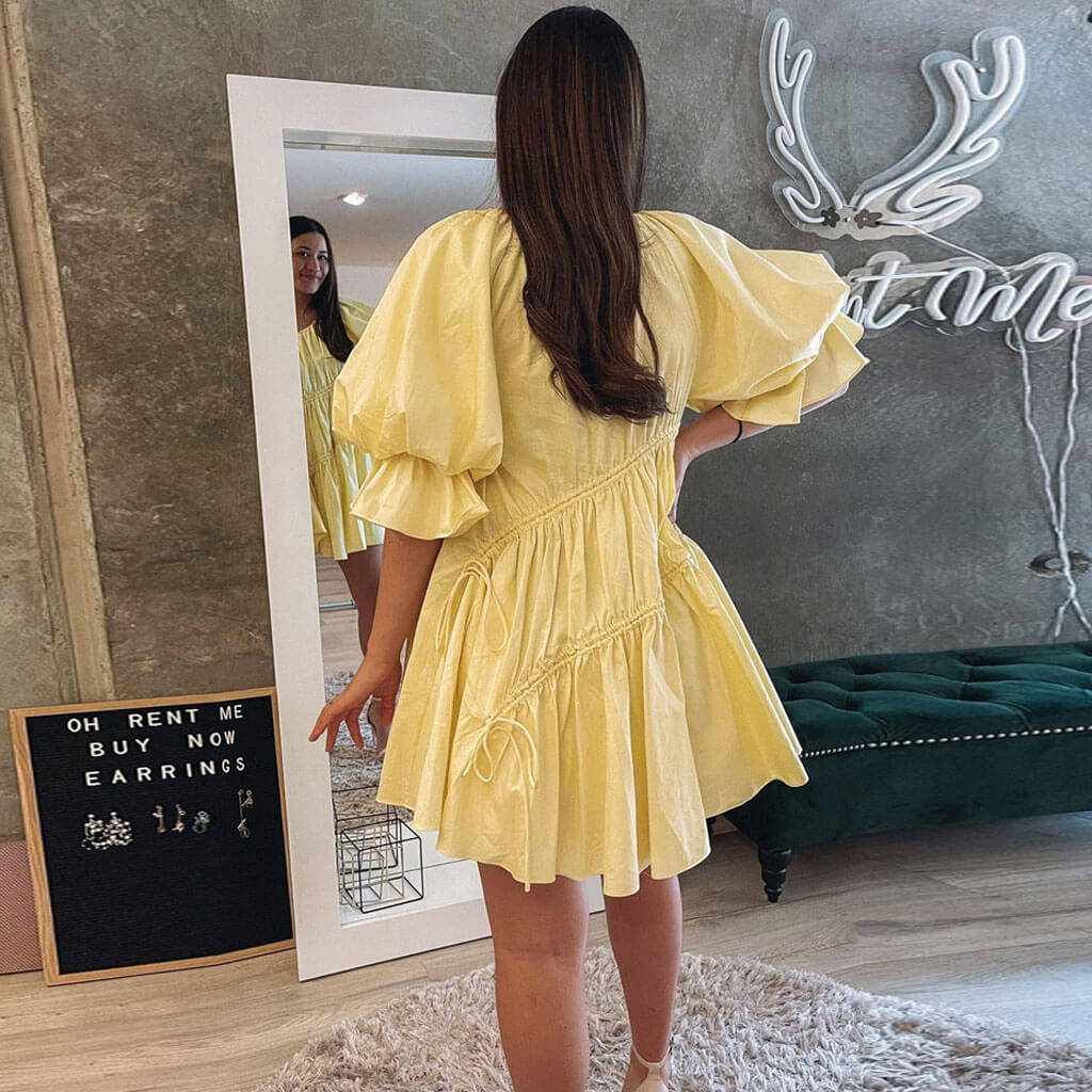 Yellow Puff Sleeve Drawstring Waist Ruffle Hem Babydoll Mini Dress 3