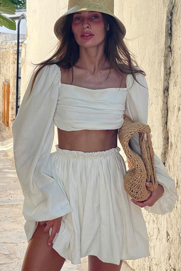 Off White Square Neck Puff Sleeve Ruched Crop Two Piece Mini Dress
