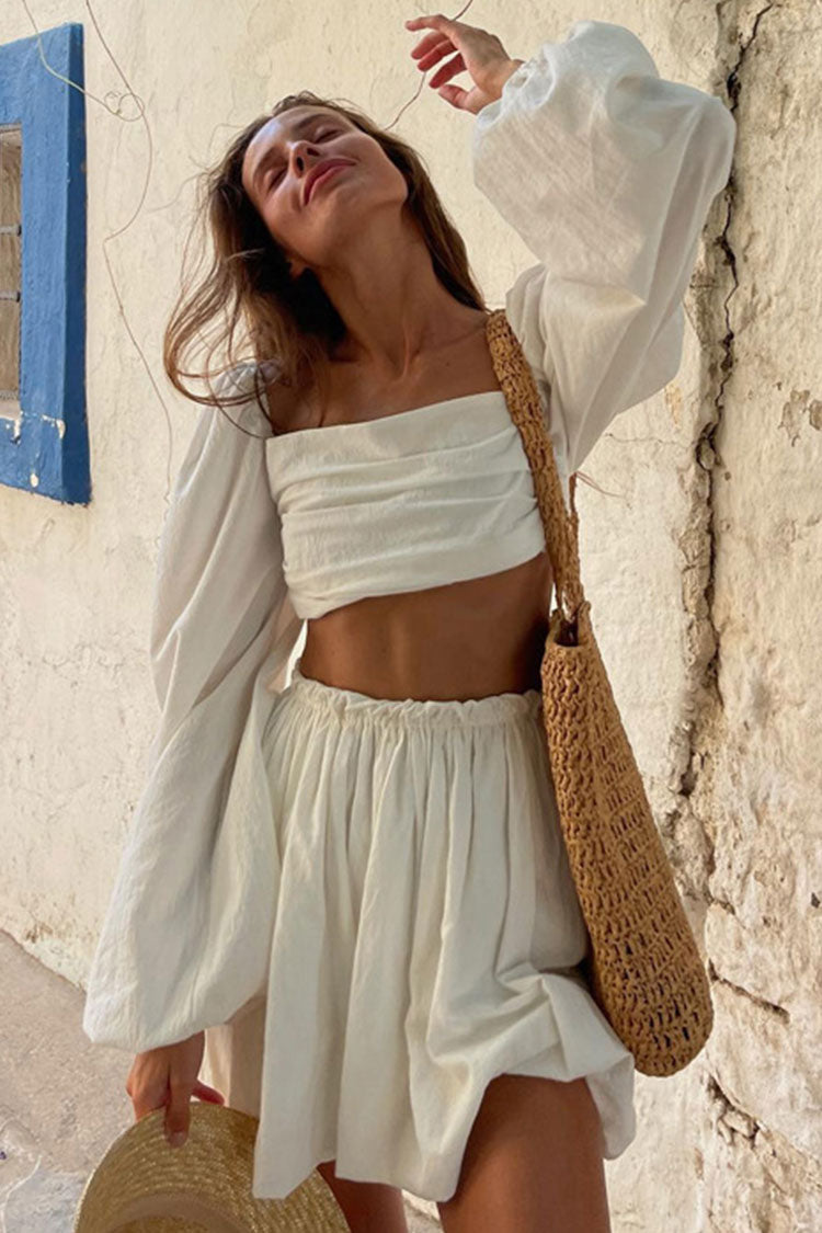 Off White Square Neck Puff Sleeve Ruched Crop Two Piece Mini Dress
