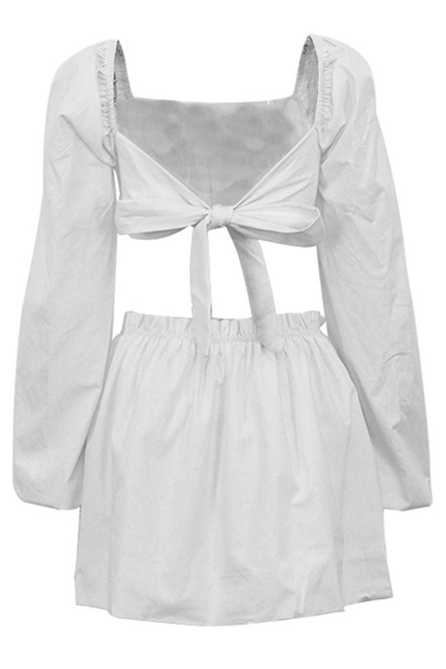 Off White Square Neck Puff Sleeve Ruched Crop Two Piece Mini Dress