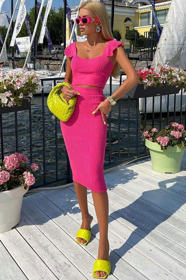 Pink Ruffle Strap Rib Knit Crop Top Bodycon Midi Two Piece Dress