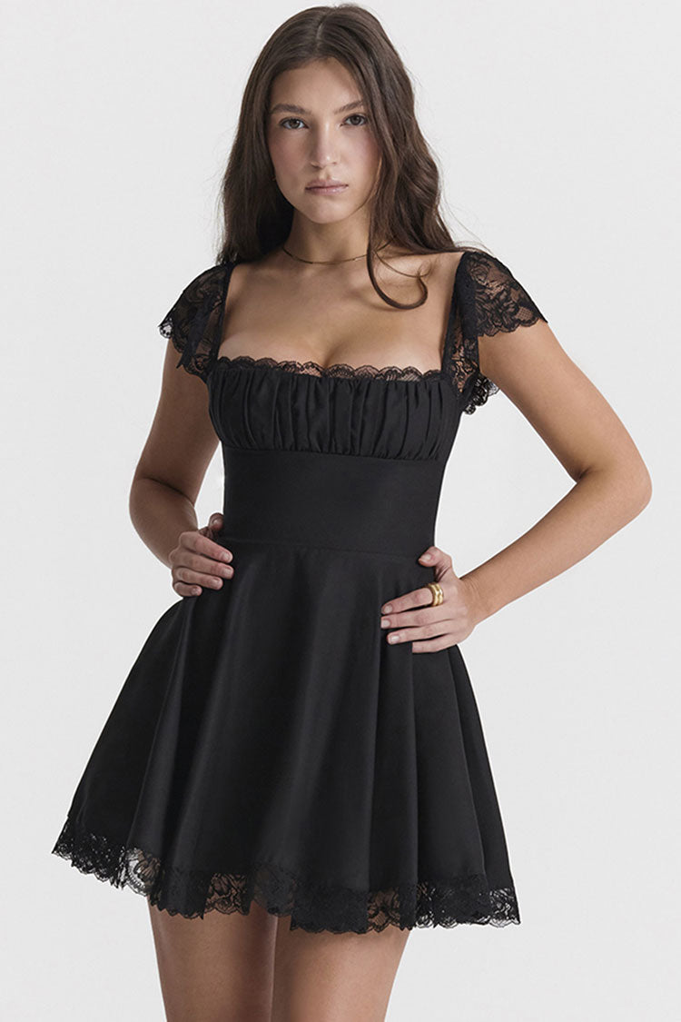 Black Square Neck Lace Cap Sleeve Ruched Fit And Flare Mini Dress
