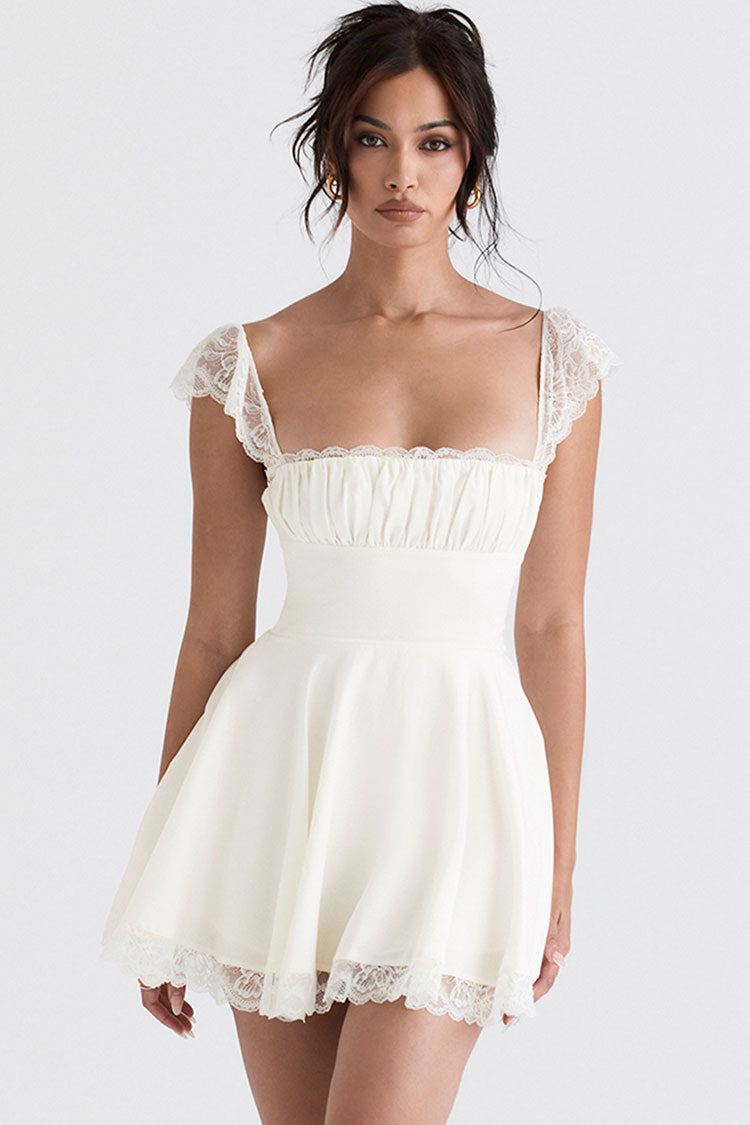 White Square Neck Lace Cap Sleeve Ruched Fit And Flare Mini Dress