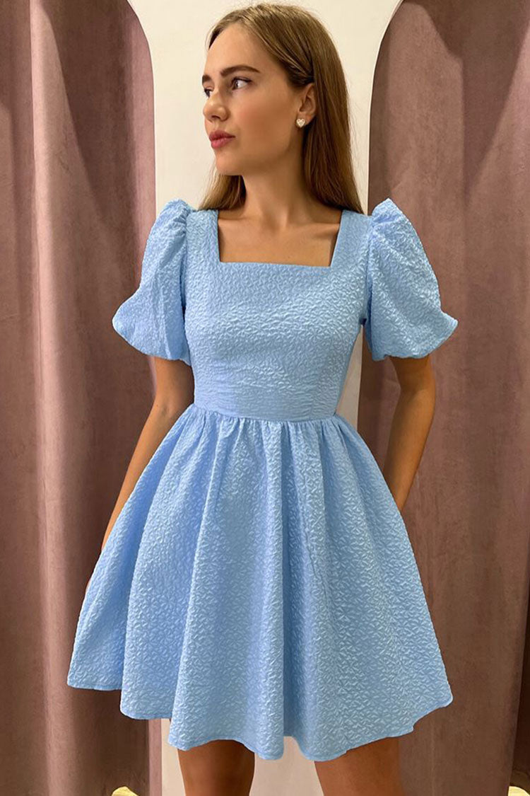 Sky Blue Square Neck Puff Sleeve Textured Fit and Flare Mini Dress