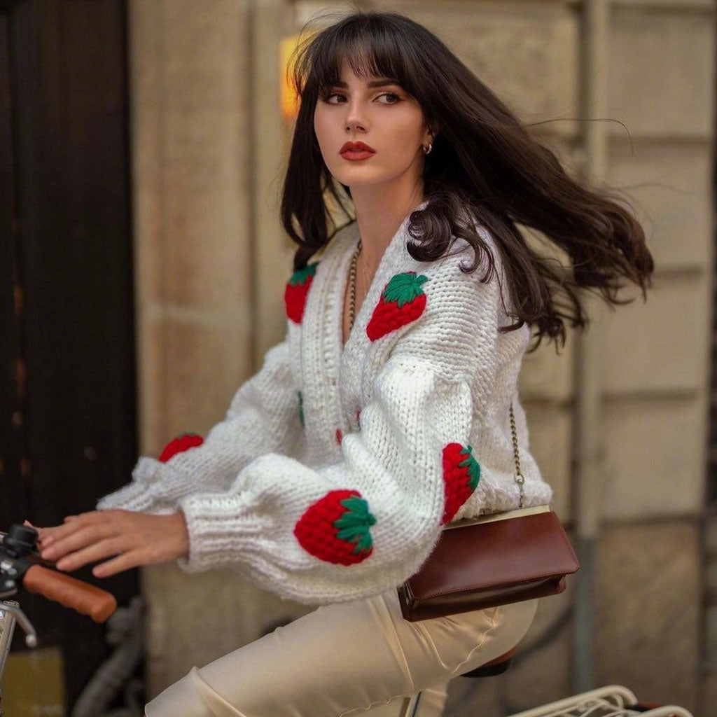 White V-Neck Strawberry Embroidered Knit Button Up Cropped Cardigan