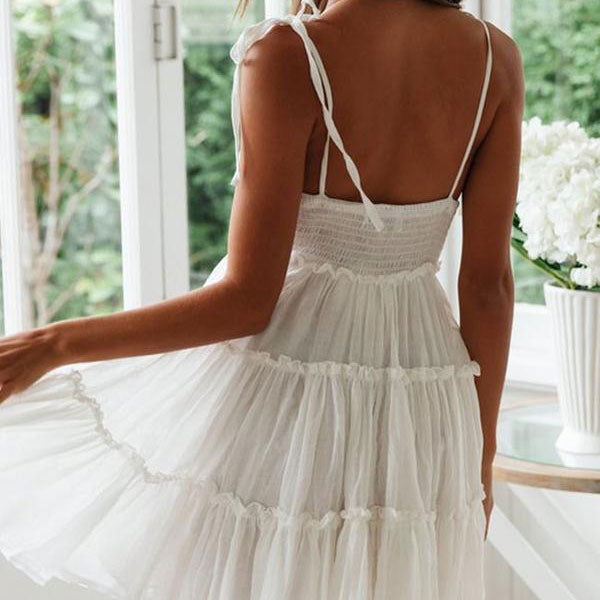 White Scoop Neck Spaghetti Strap Tiered Ruffle Babydoll Mini Dress