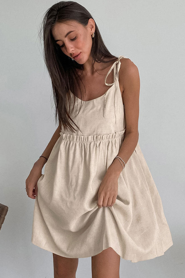 Khaki Scoop Neck Tie Strap Empire Waist Linen Babydoll Mini Dress 3