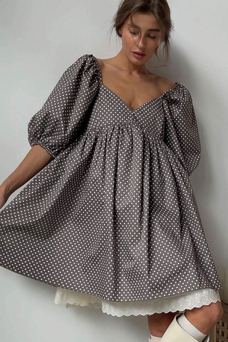 Brown Sweetheart Neck Puff Sleeve Polka Dot Lace Trim Babydoll Mini Dress