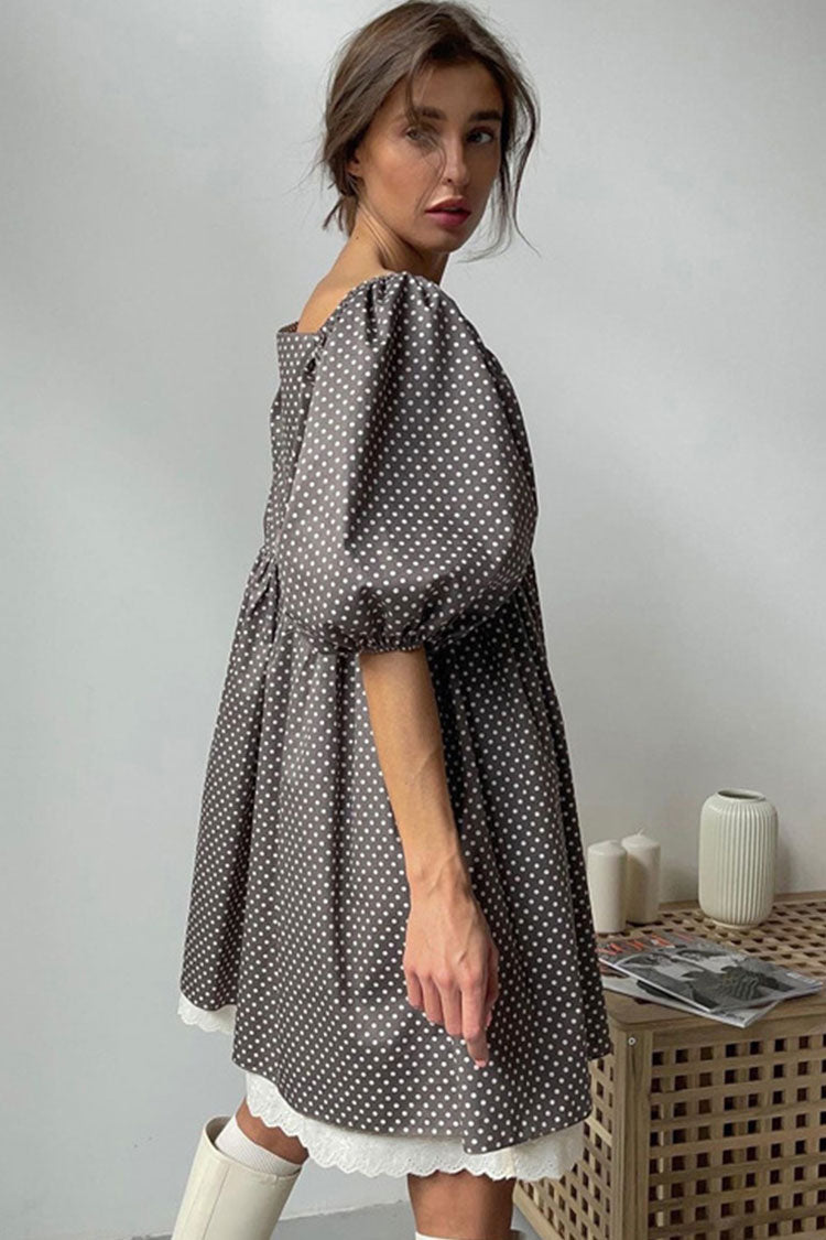 Brown Sweetheart Neck Puff Sleeve Polka Dot Lace Trim Babydoll Mini Dress