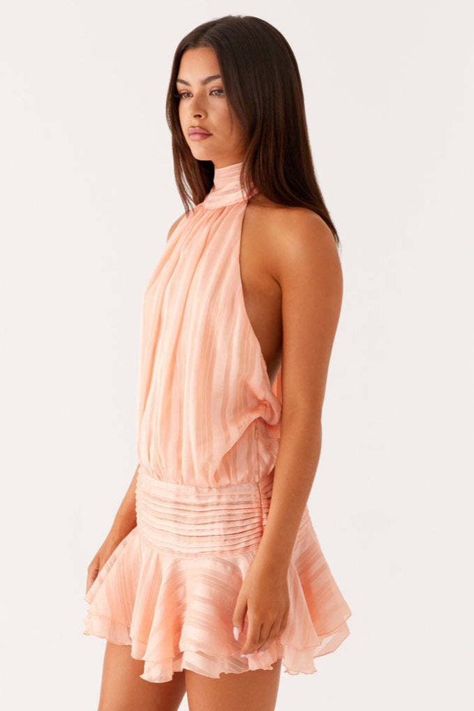 Halter Neck Pleated Collar Drop Waist Ruffle Flounce Mini Dress 8