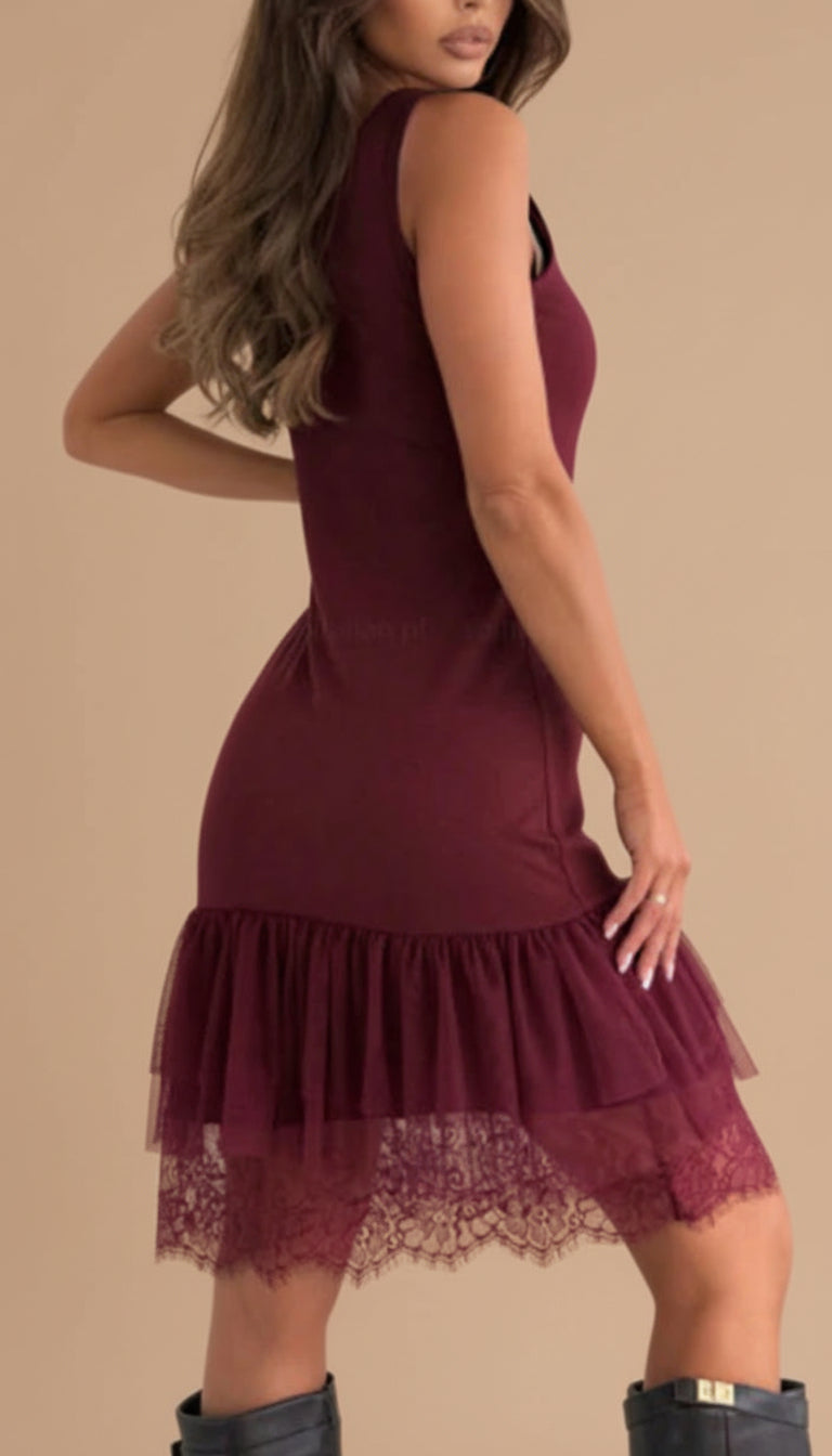 Scoop Neck Sleeveless Tulle Lace Ruffle Hem Mini Dress
