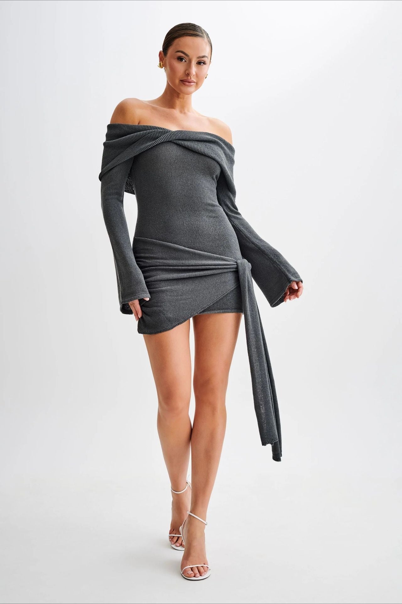 Sheer Spaghetti Strap OffShoulder Fitted Knit Maxi Sweater Dress