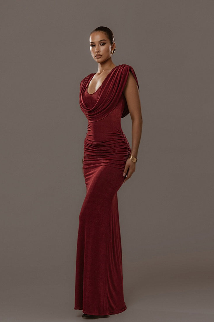 Solid Cowl Neck Ruched Waist Cinch Party Dress