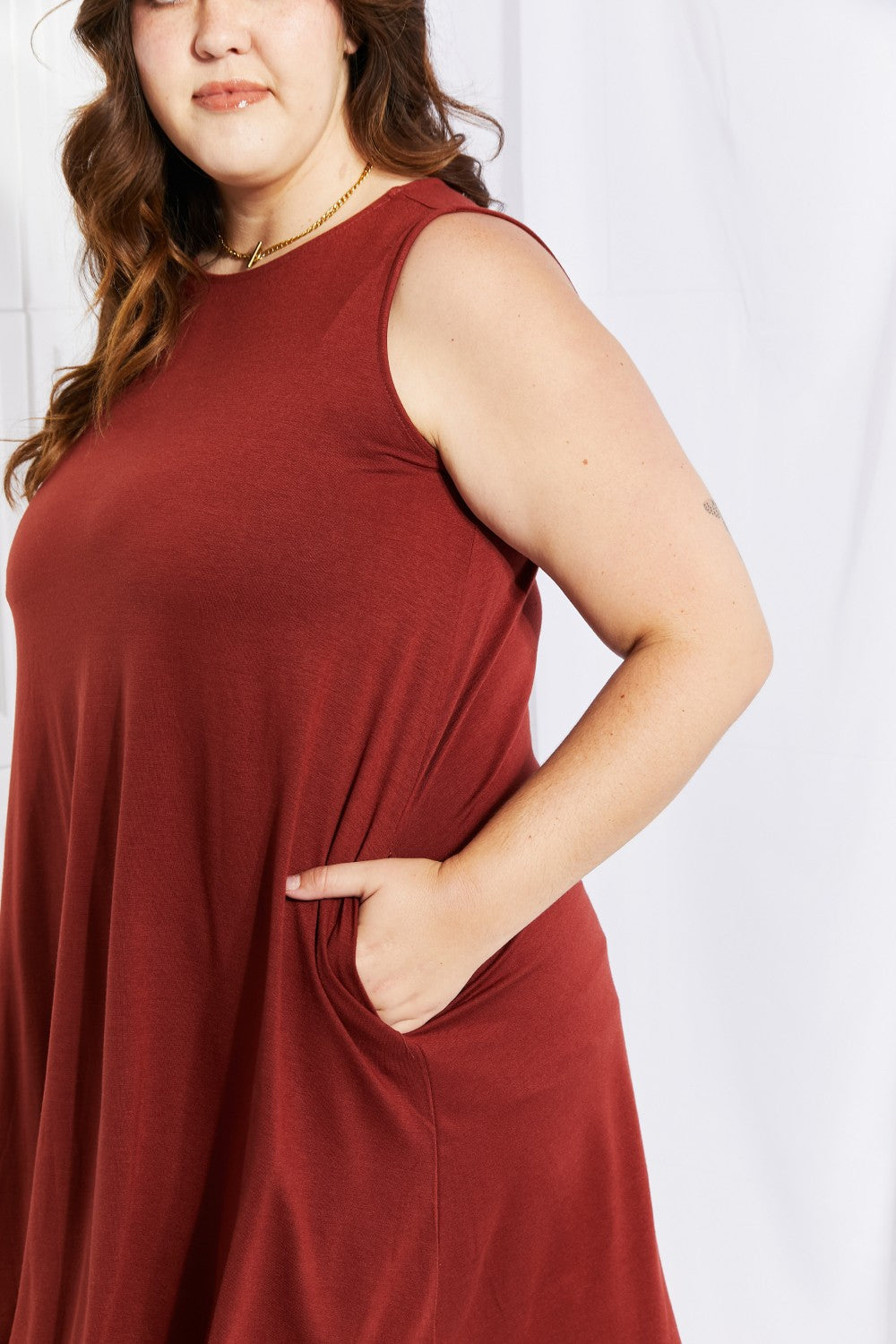 Dark Rust Round Neck Sleeveless Pocket Flowy Swing Mini Dress