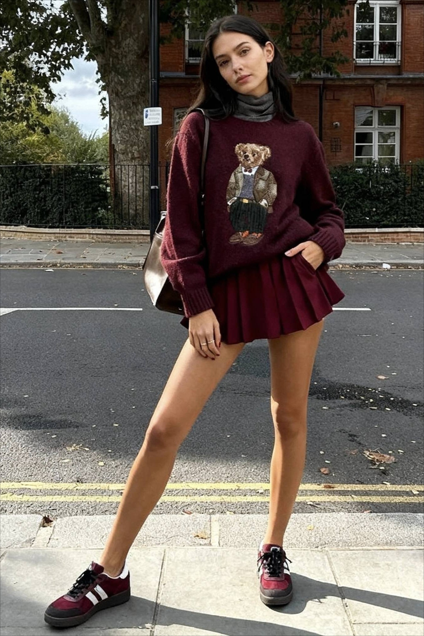Bear Embroidered Retro SlimFit Crew Neck Sweater
