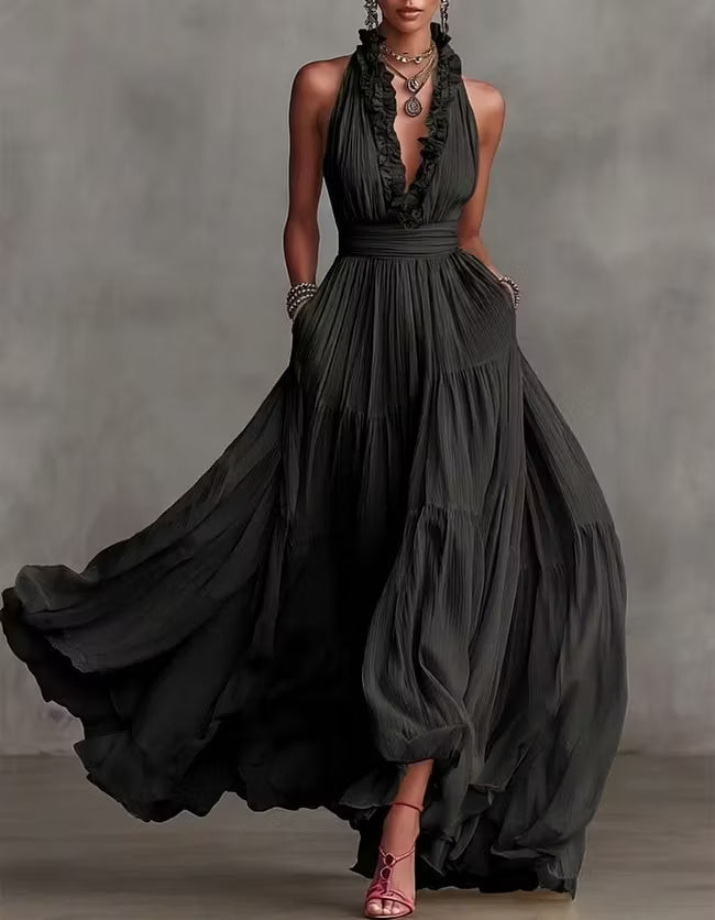 Halter Deep V-Neck Ruffle Trim Tiered Chiffon Maxi Dress 4