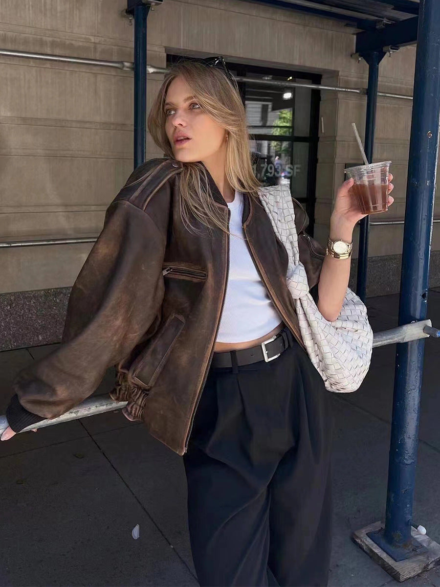 Vintage Oneck Zipper Loose Fashion Lantern Long Pocket Short Coat