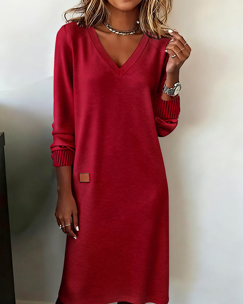 V-Neck Long Sleeve Ribbed Knit Shift Sweater Dress 2