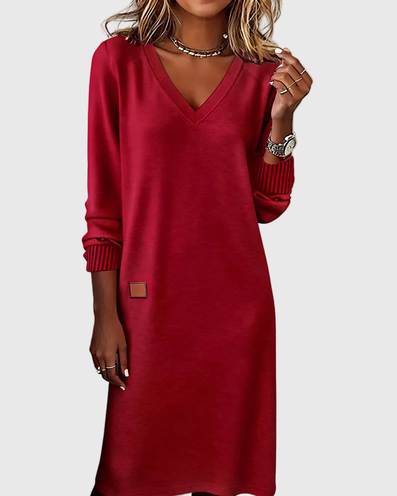 V-Neck Long Sleeve Ribbed Cuff Loose Sweatshirt Mini Dress