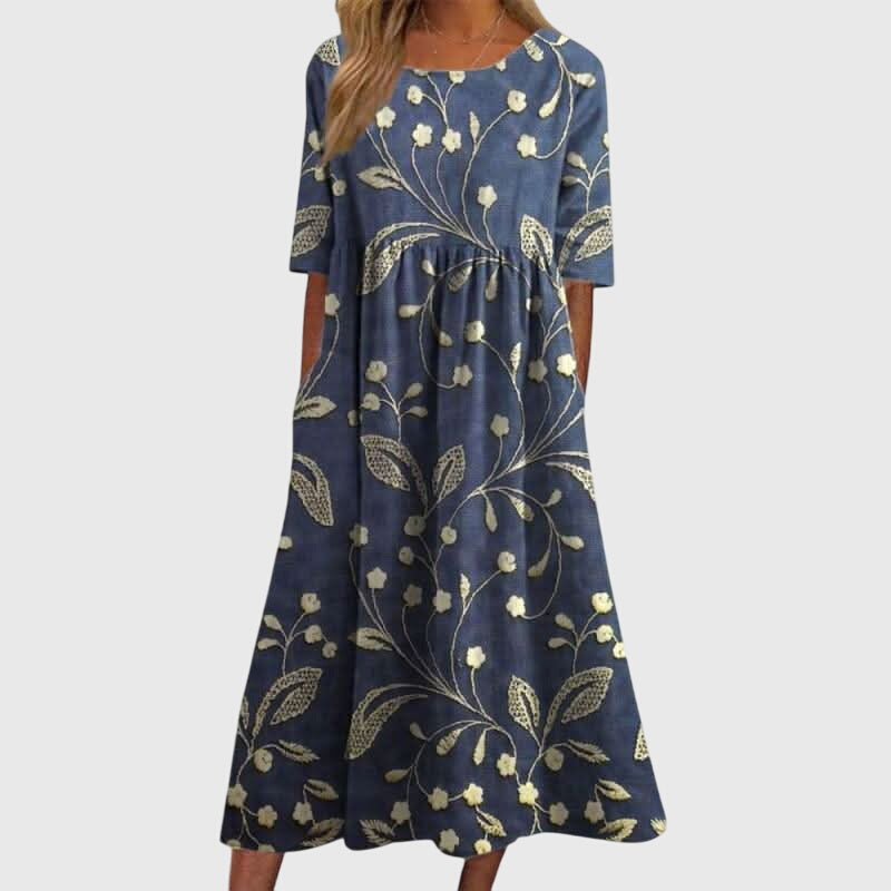 Round Neck Floral Print Short Sleeve Empire Waist A-Line Midi Dress