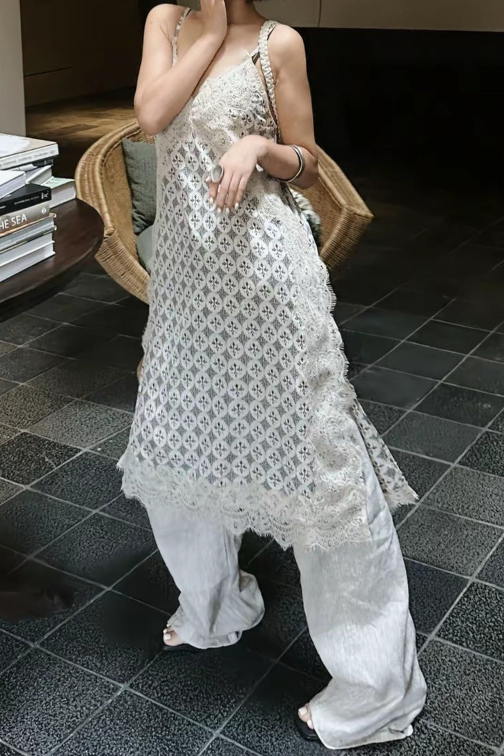 Beige Deep V Neck Eyelash Lace Geometric Print Layered Midi Dress 5