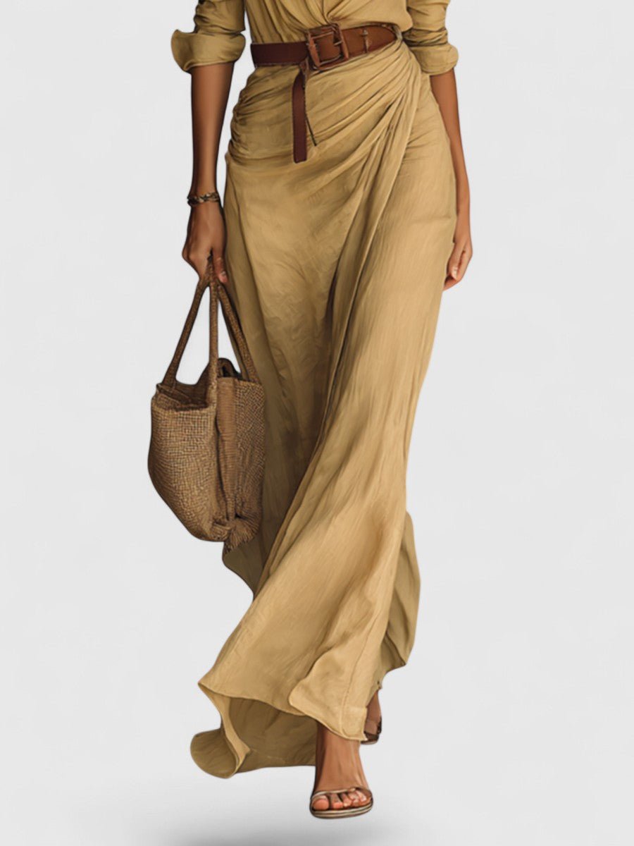 Collared Long Sleeve Belted Ruched Wrap Shirt Maxi Dress 6