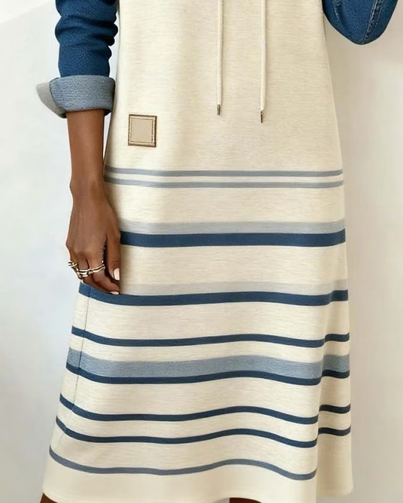 Hooded Drawstring Colorblock Stripe Long Sleeve Sweatshirt Midi Dress 5