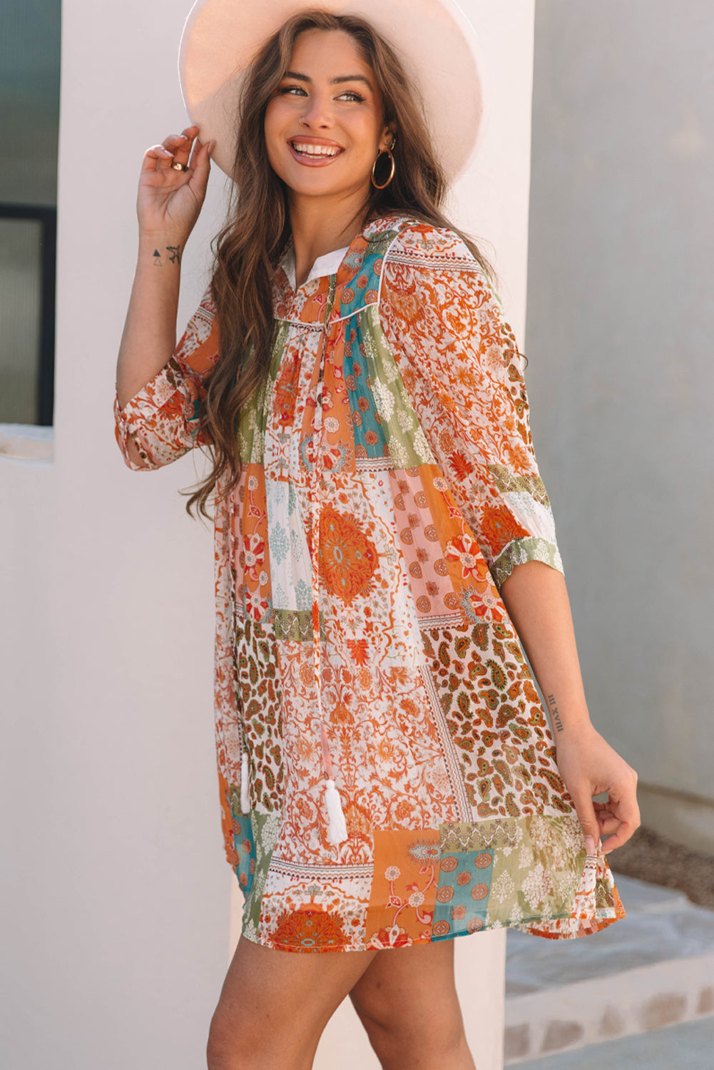 Orange Boho Paisley Mixed Print 3 4 Sleeve Chiffon Loose Dress