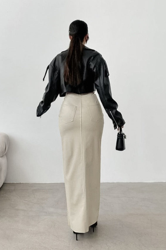 High-Waist Khaki PU Skirt
