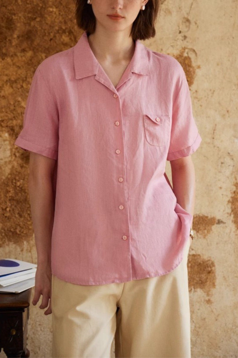 Linen Camp Collar Short Sleeve Blouse