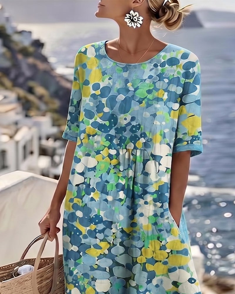 Round Neck Watercolor Floral Print Short Sleeve Pocket A-Line Midi Dress