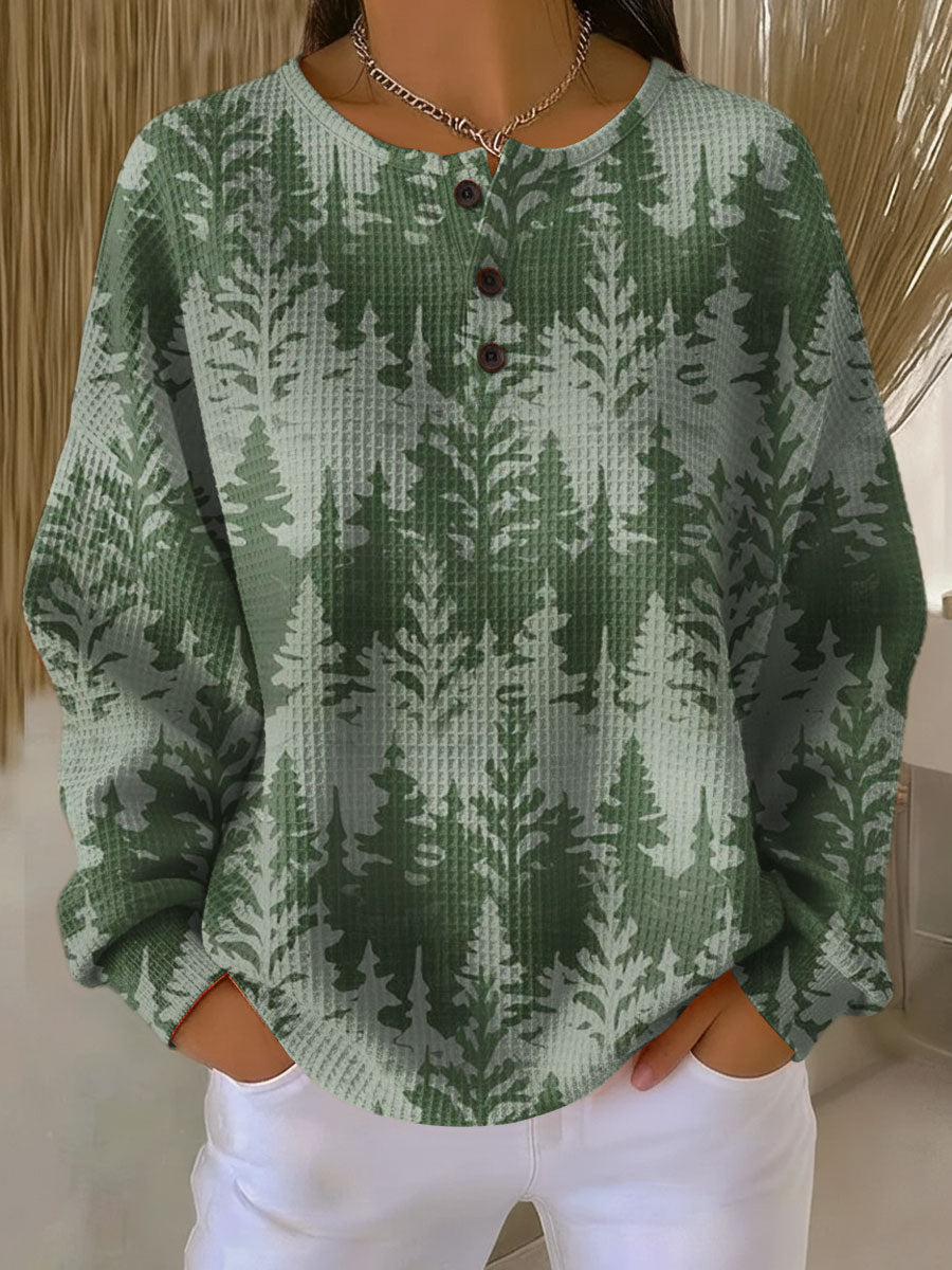Green Henley Neck Waffle Knit Forest Print Long Sleeve Sweater