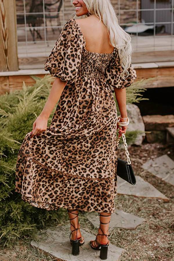 Abigail Exclusive Brown Leopard Print Ricrac Puff Sleeve Maxi Dress Boutique Collection